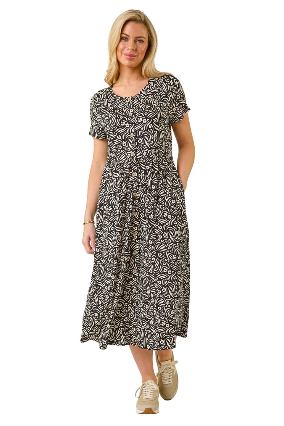 Roman Black Petite Abstract Print Button Shirt Dress