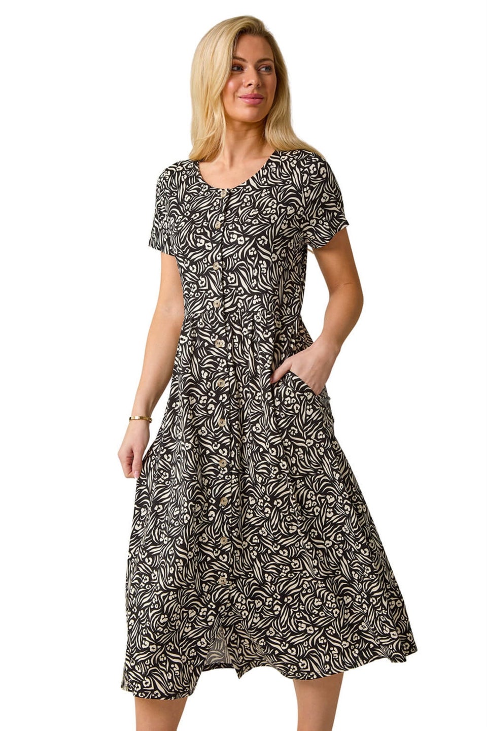 Roman Black Petite Abstract Print Button Shirt Dress