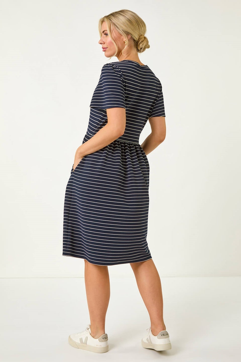 Roman Navy Petite Stripe Stretch Pocket Dress