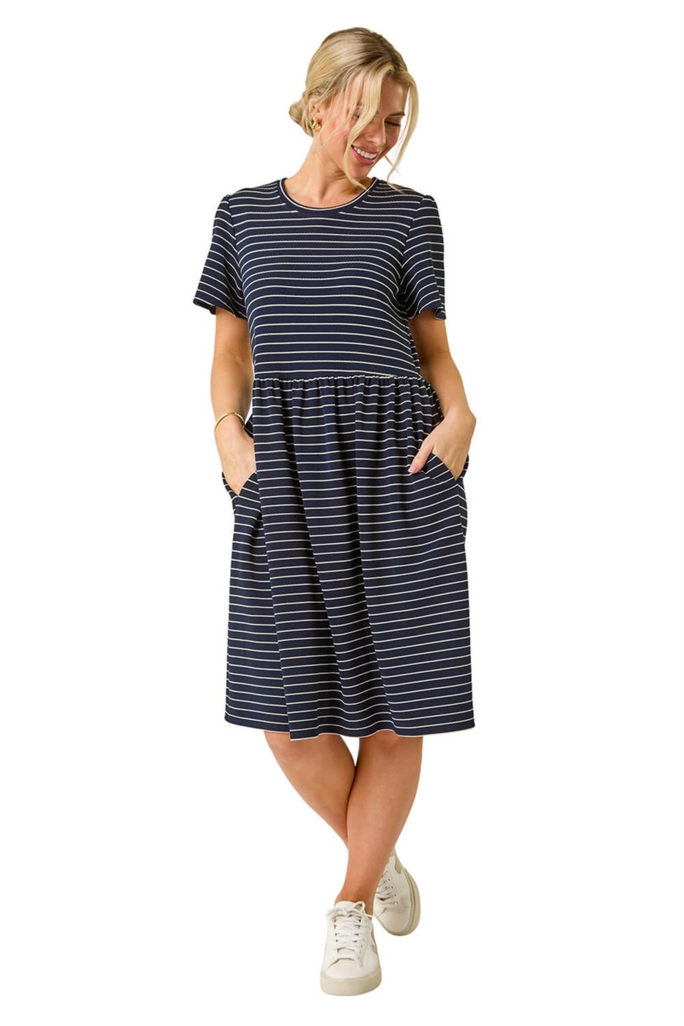 Roman Navy Petite Stripe Stretch Pocket Dress