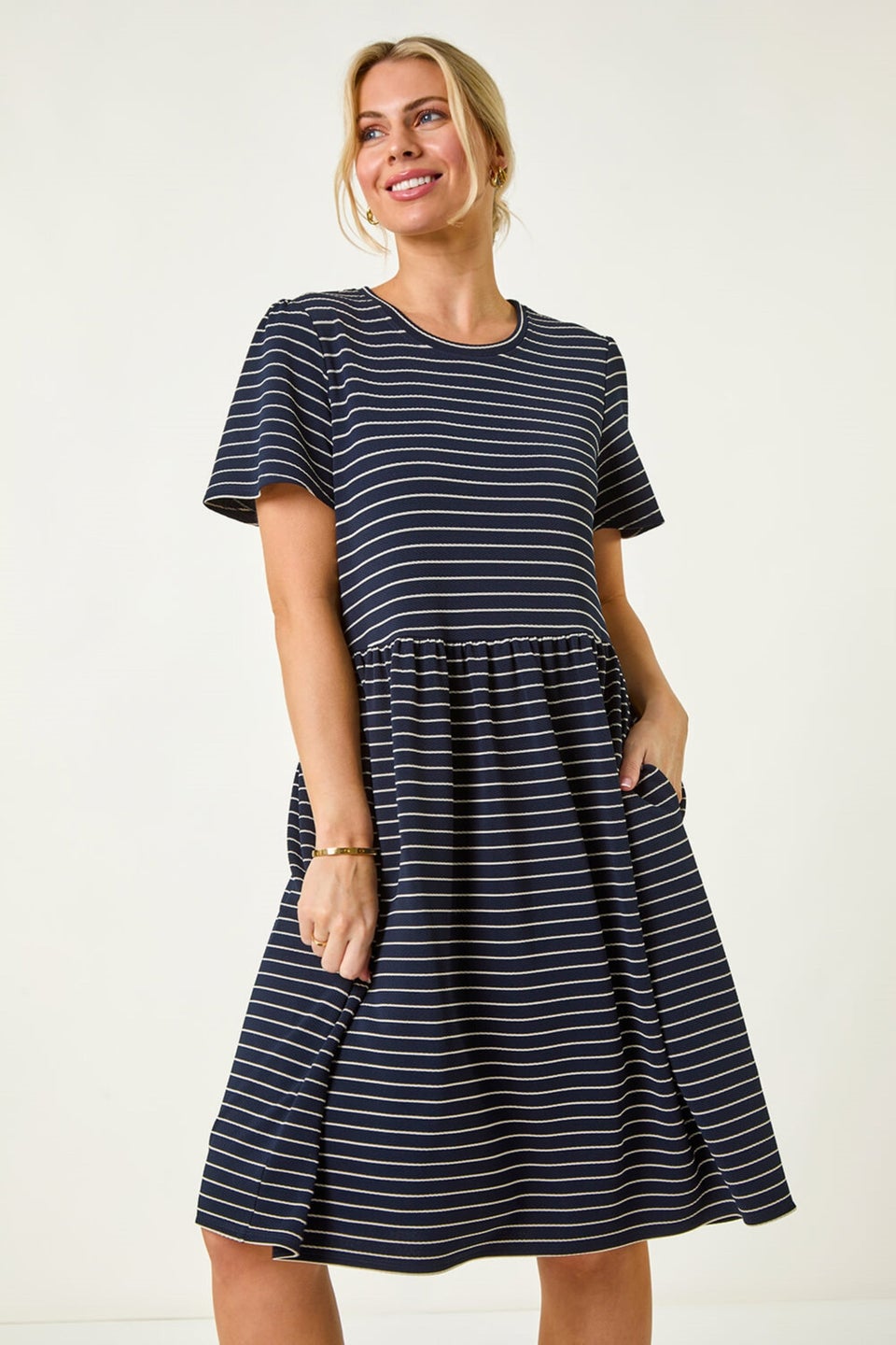 Roman Navy Petite Stripe Stretch Pocket Dress