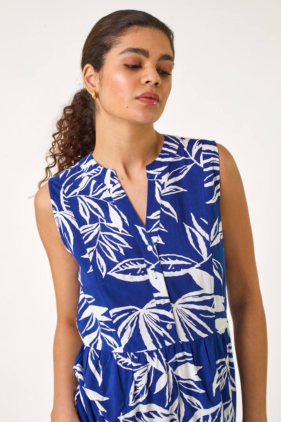 Roman Blue Leaf Print Midi Dress