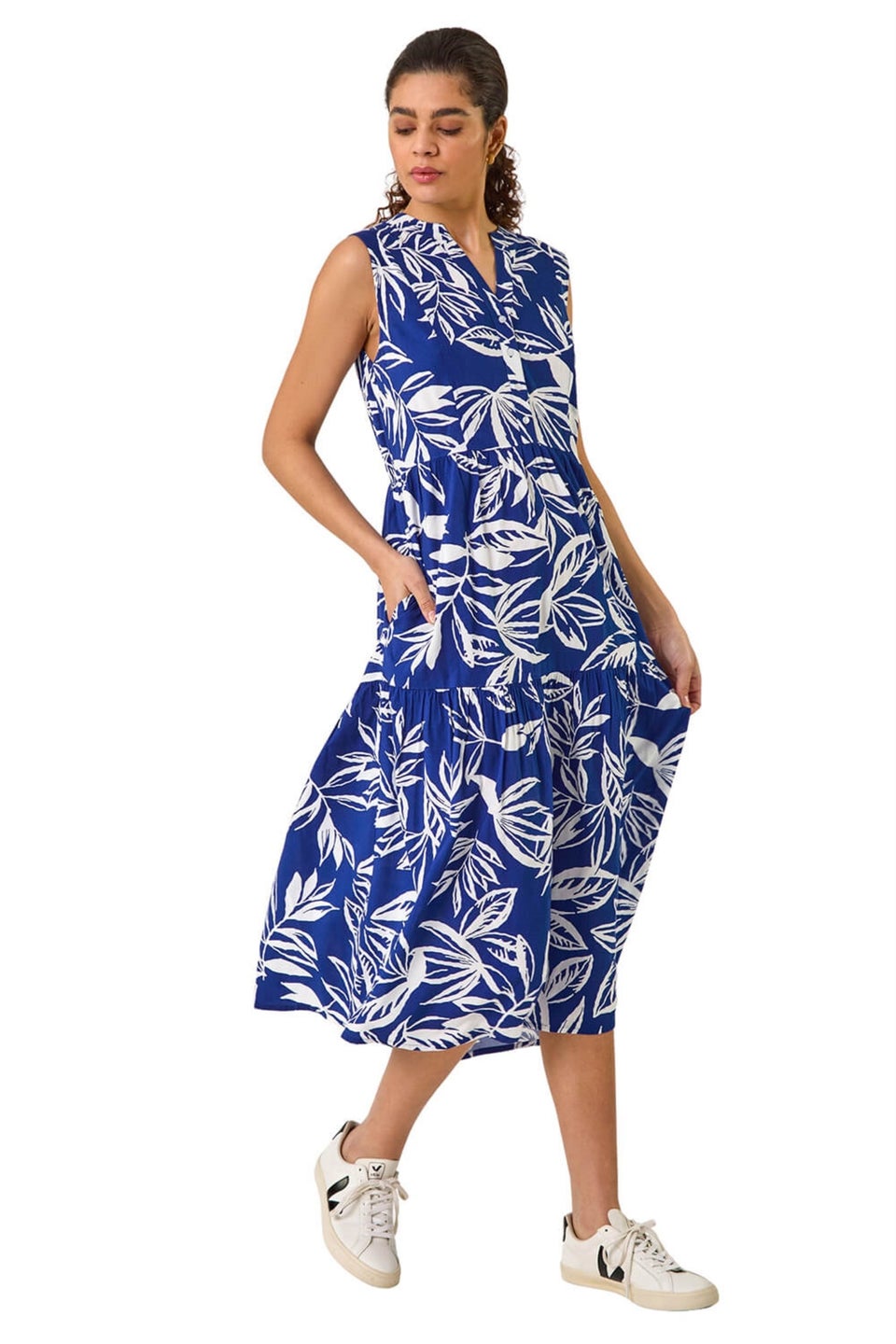 Roman Blue Leaf Print Midi Dress