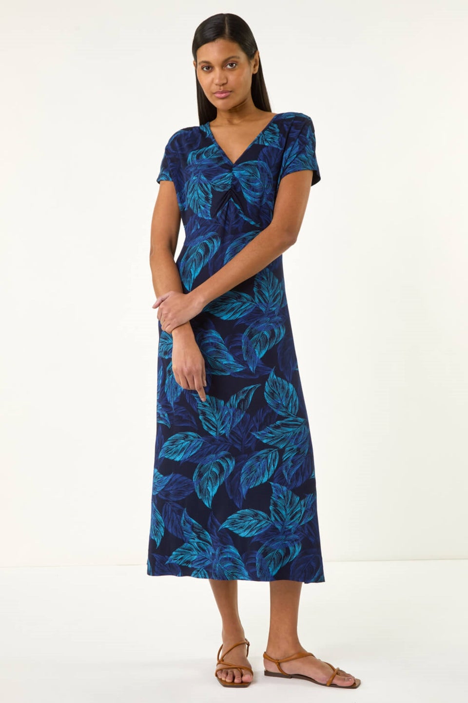 Roman Navy Leaf Print Ruched Midi T-Shirt Dress
