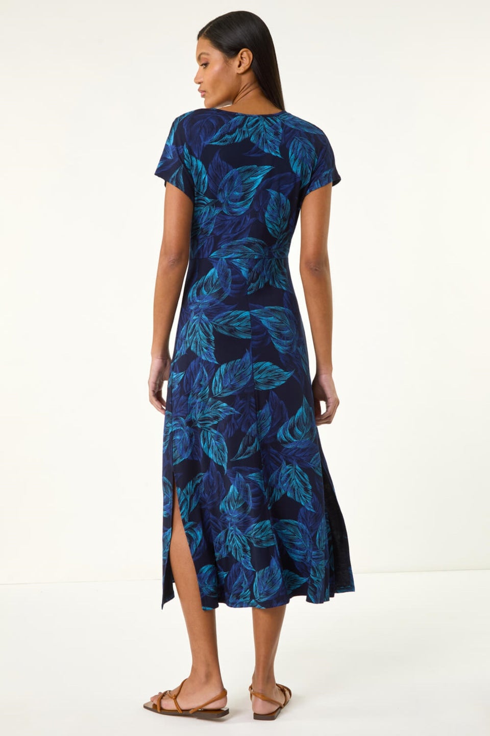 Roman Navy Leaf Print Ruched Midi T-Shirt Dress