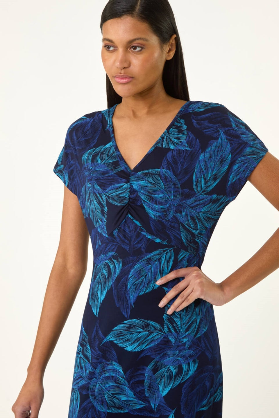 Roman Navy Leaf Print Ruched Midi T-Shirt Dress