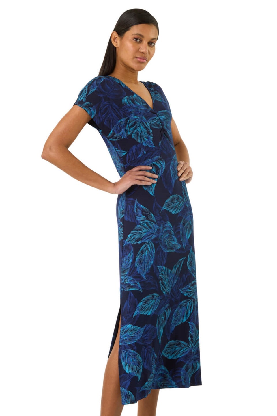 Roman Navy Leaf Print Ruched Midi T-Shirt Dress