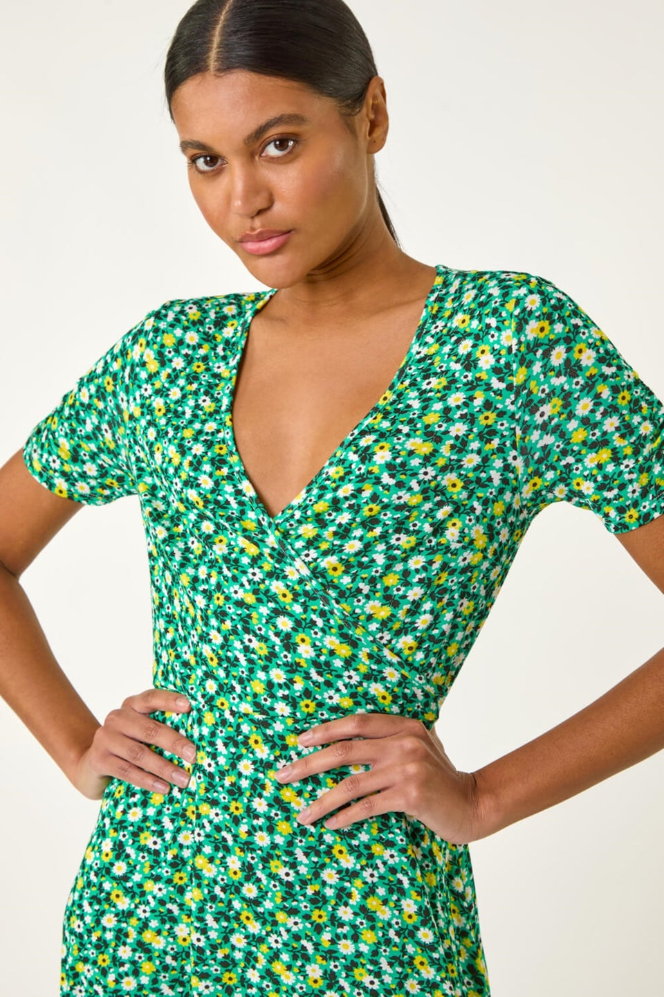 Roman Green Ditsy Floral Wrap Frill Stretch Dress