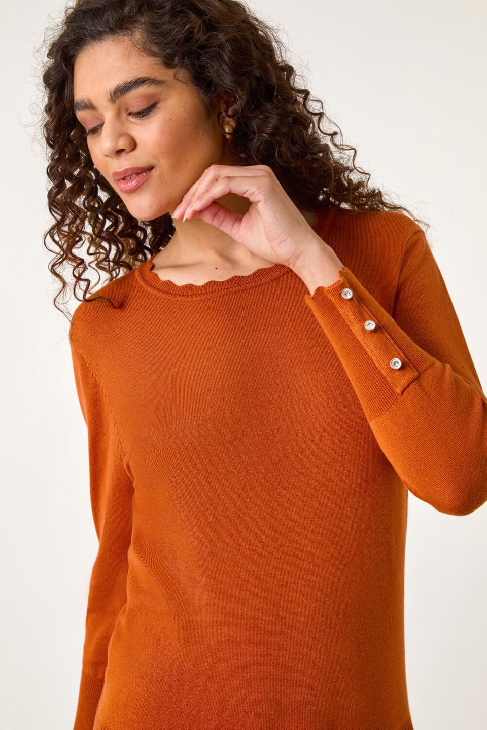 Roman Orange Scallop Neck Button Knit Jumper