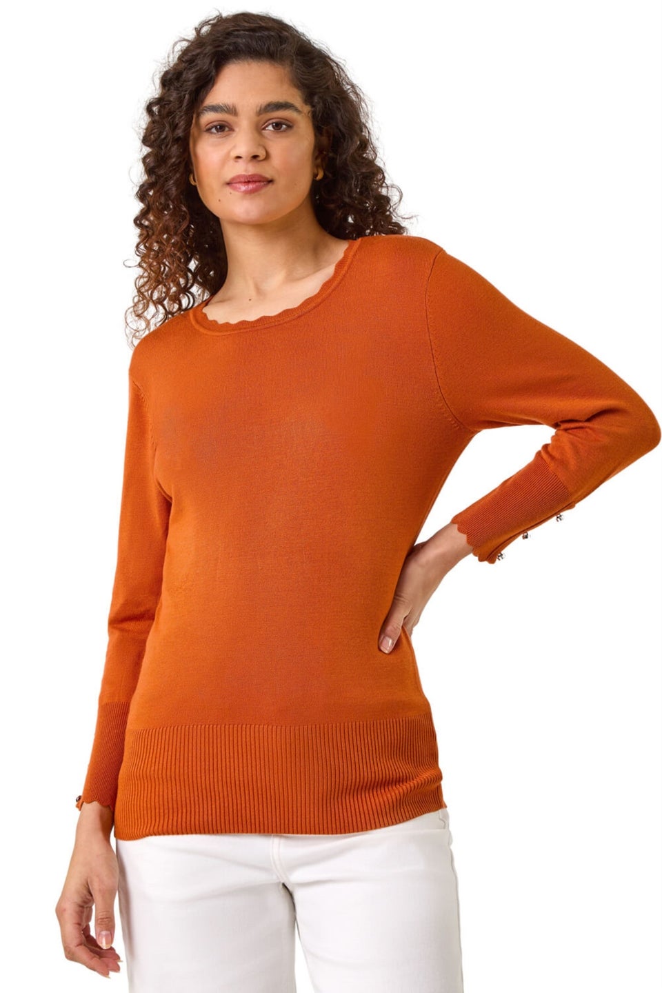 Roman Orange Scallop Neck Button Knit Jumper