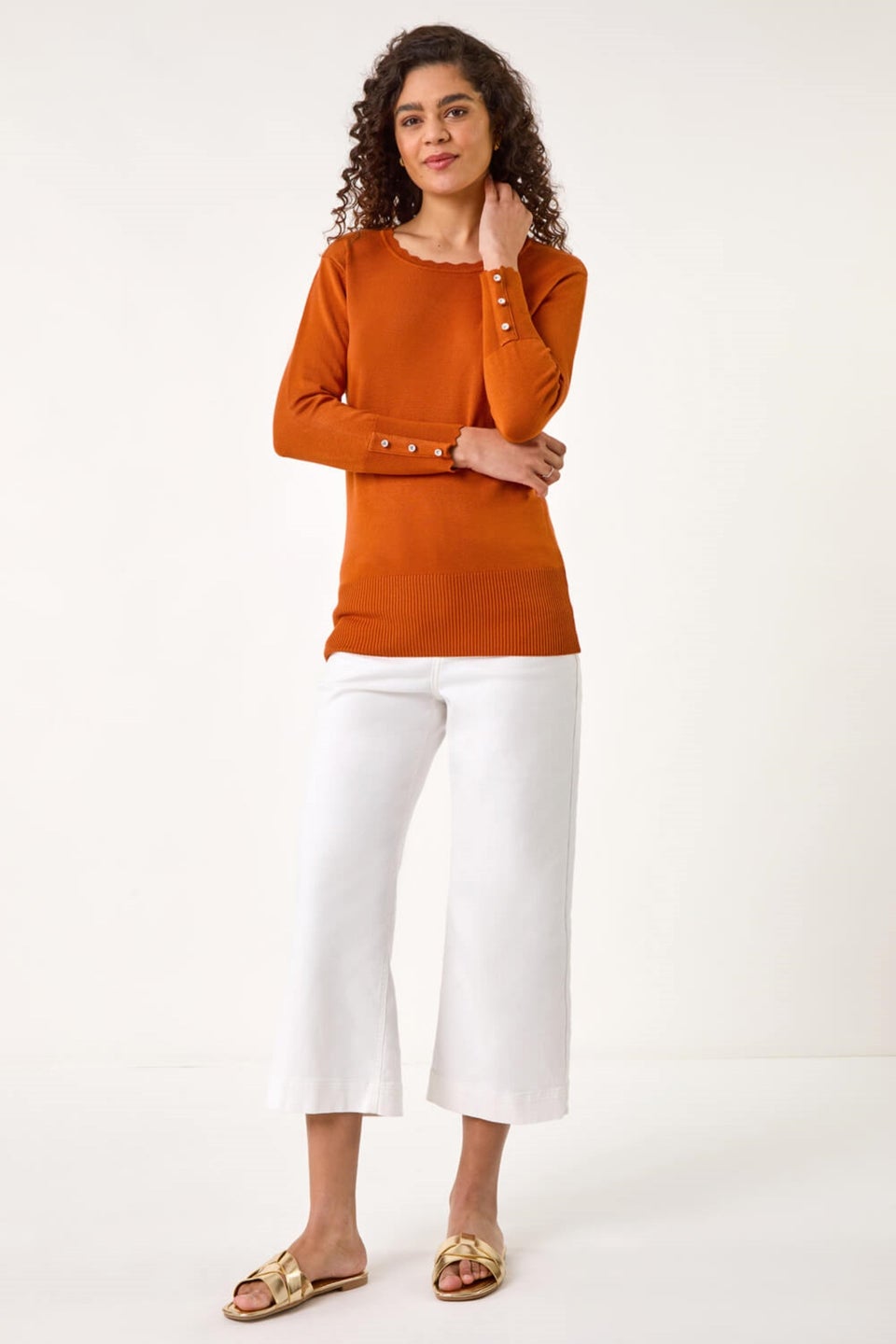 Roman Orange Scallop Neck Button Knit Jumper