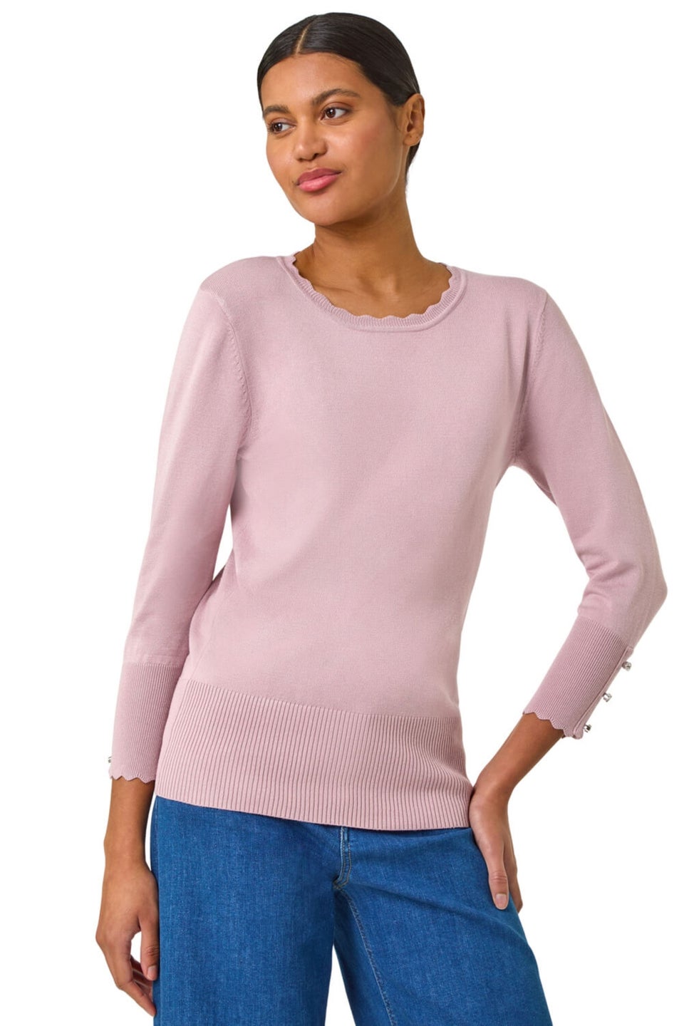 Roman Pink Diamante Button Scallop Edge Jumper
