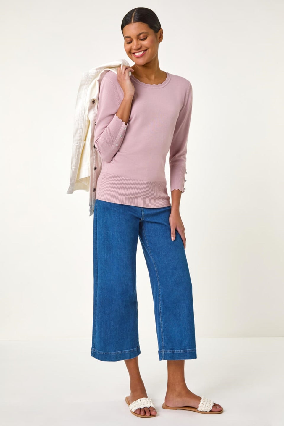 Roman Pink Diamante Button Scallop Edge Jumper
