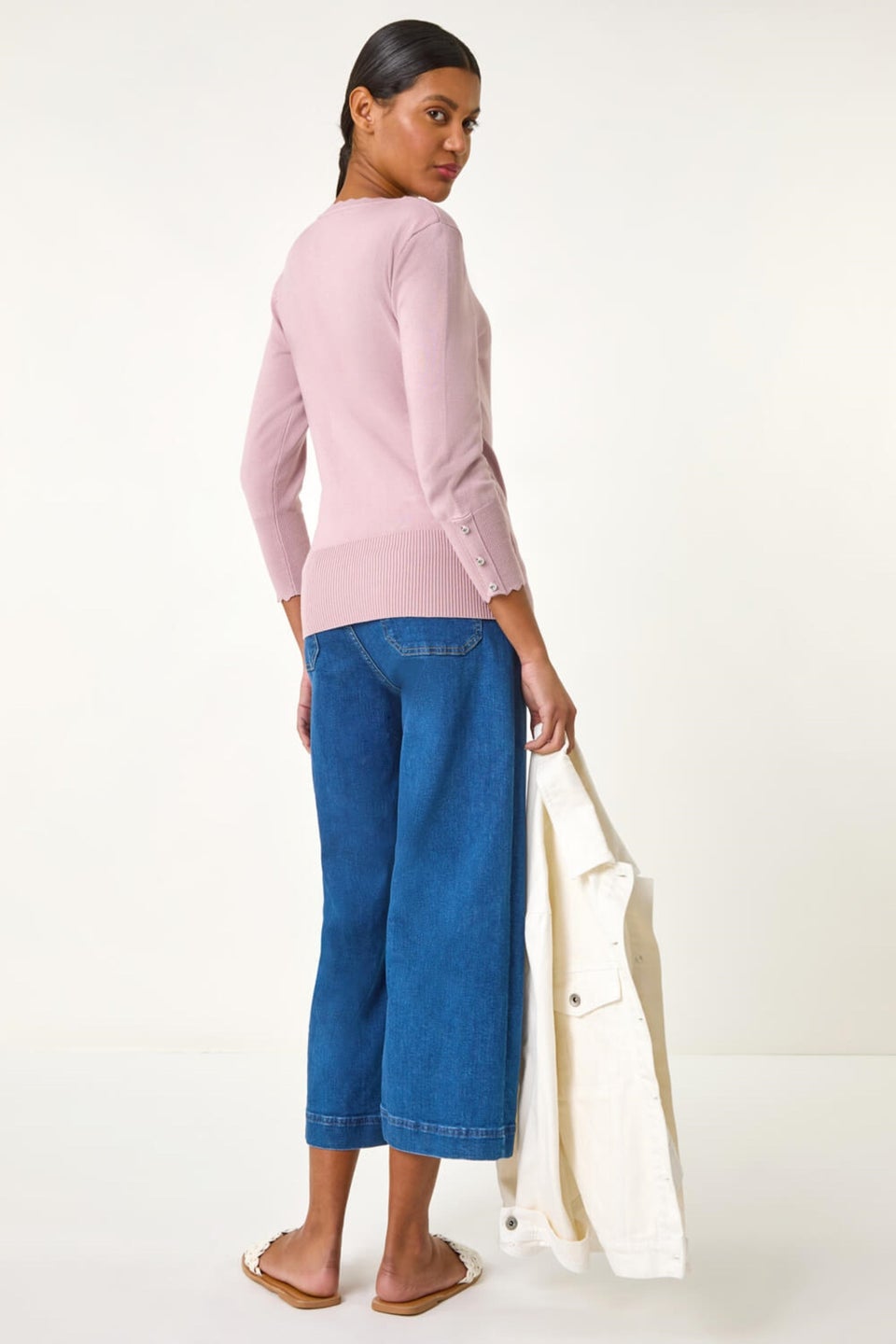 Roman Pink Diamante Button Scallop Edge Jumper