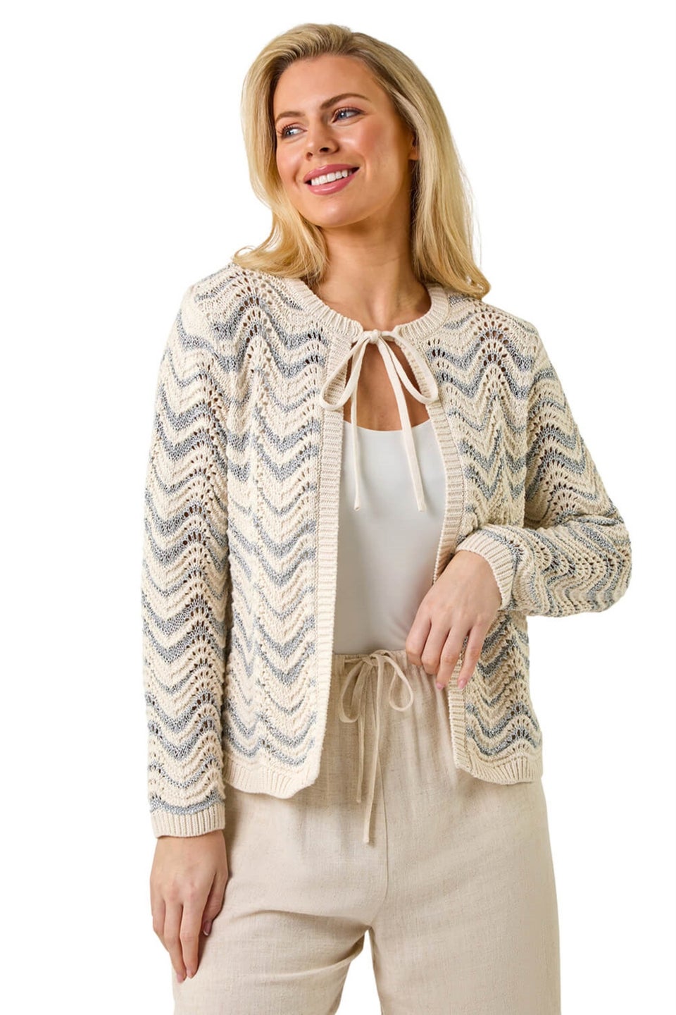Roman Silver Petite Metallic Wave Knit Cardigan