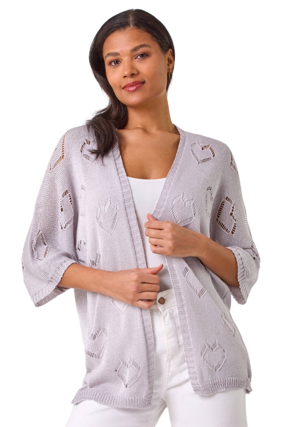 Roman Silver Pointelle Heart Knit Cardigan