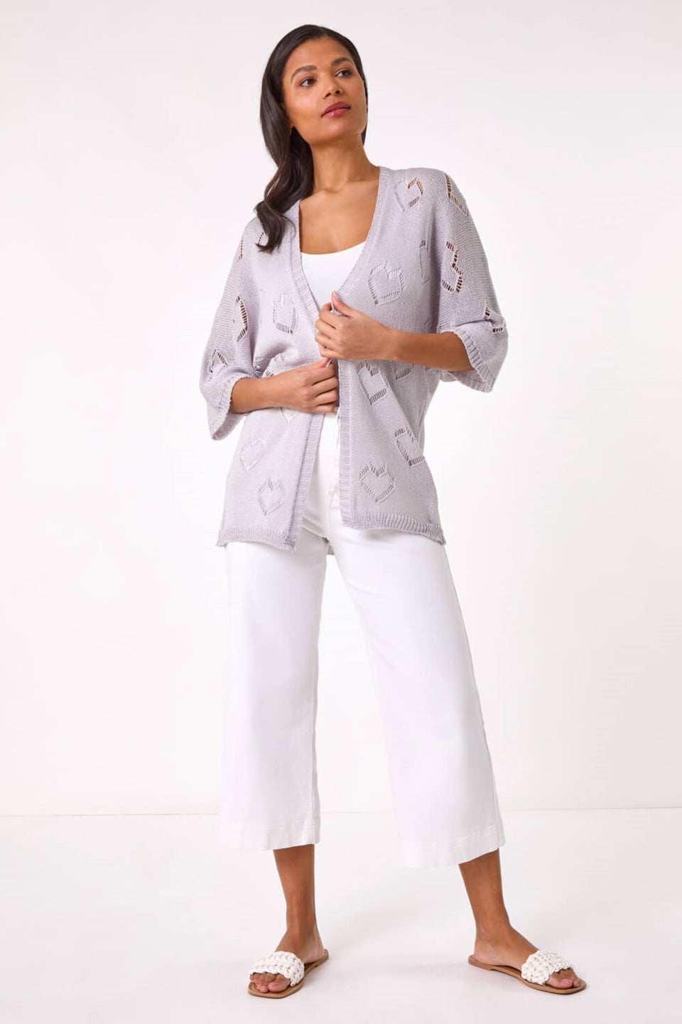 Roman Silver Pointelle Heart Knit Cardigan