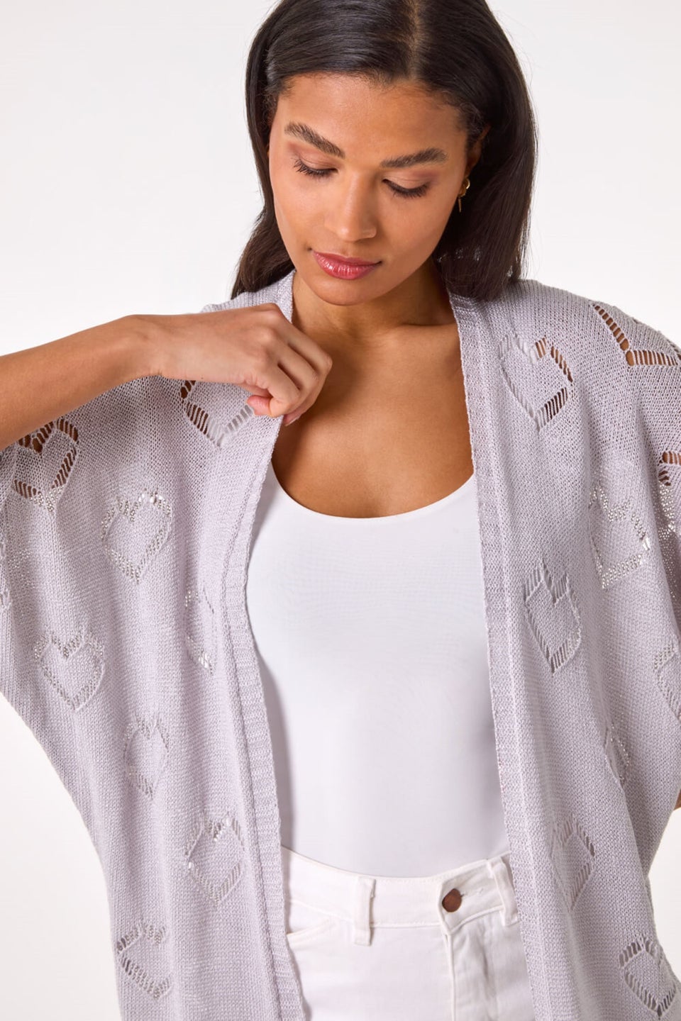 Roman Silver Pointelle Heart Knit Cardigan