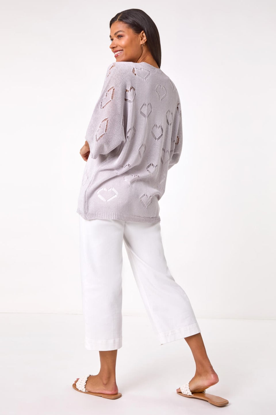 Roman Silver Pointelle Heart Knit Cardigan
