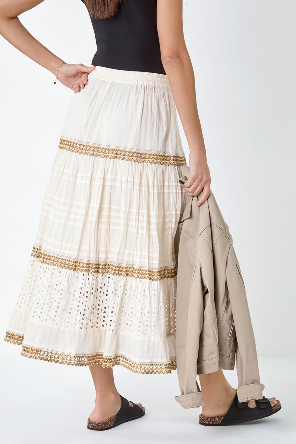 Roman Ivory Broderie Cotton Tiered Maxi Skirt