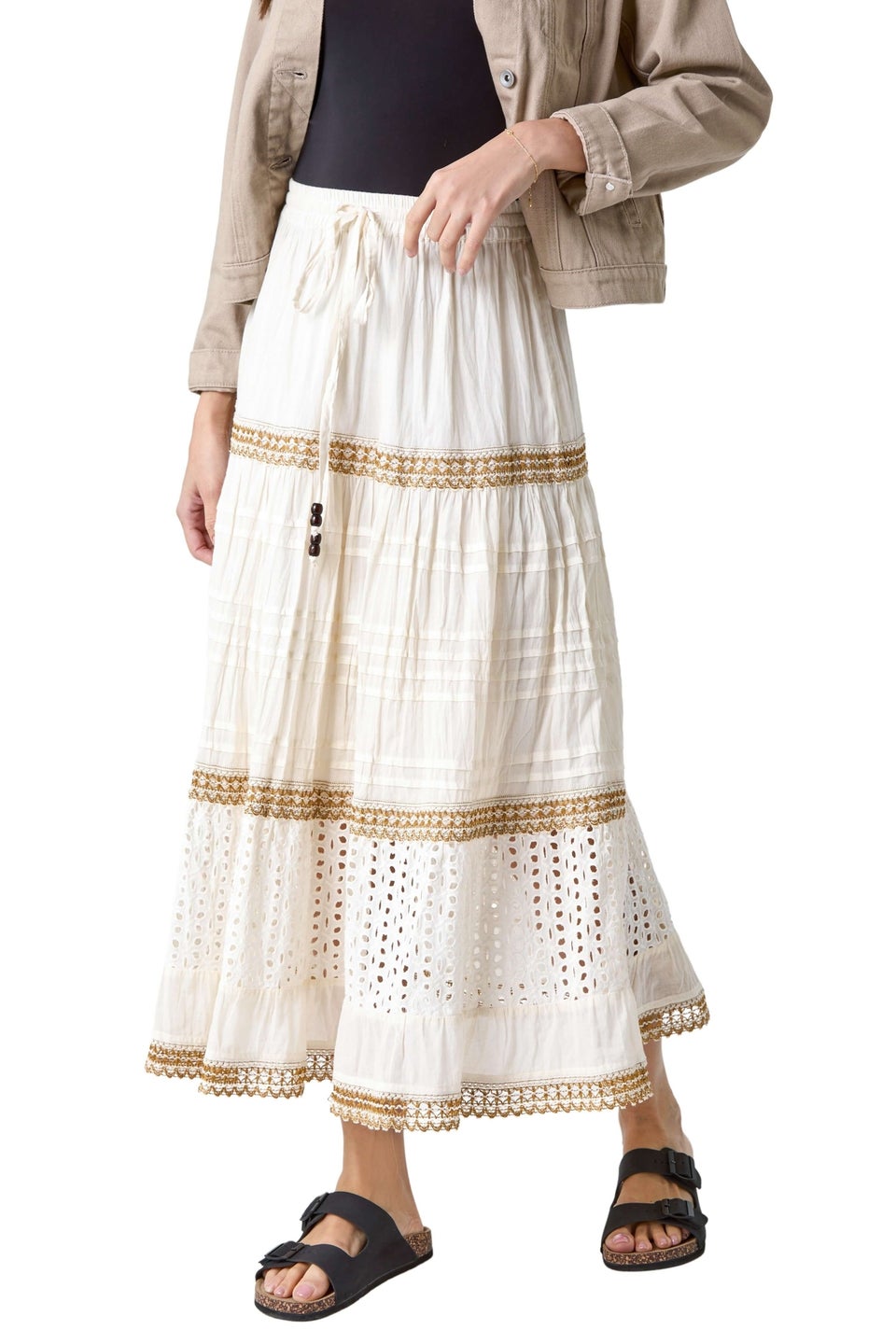 Roman Ivory Broderie Cotton Tiered Maxi Skirt