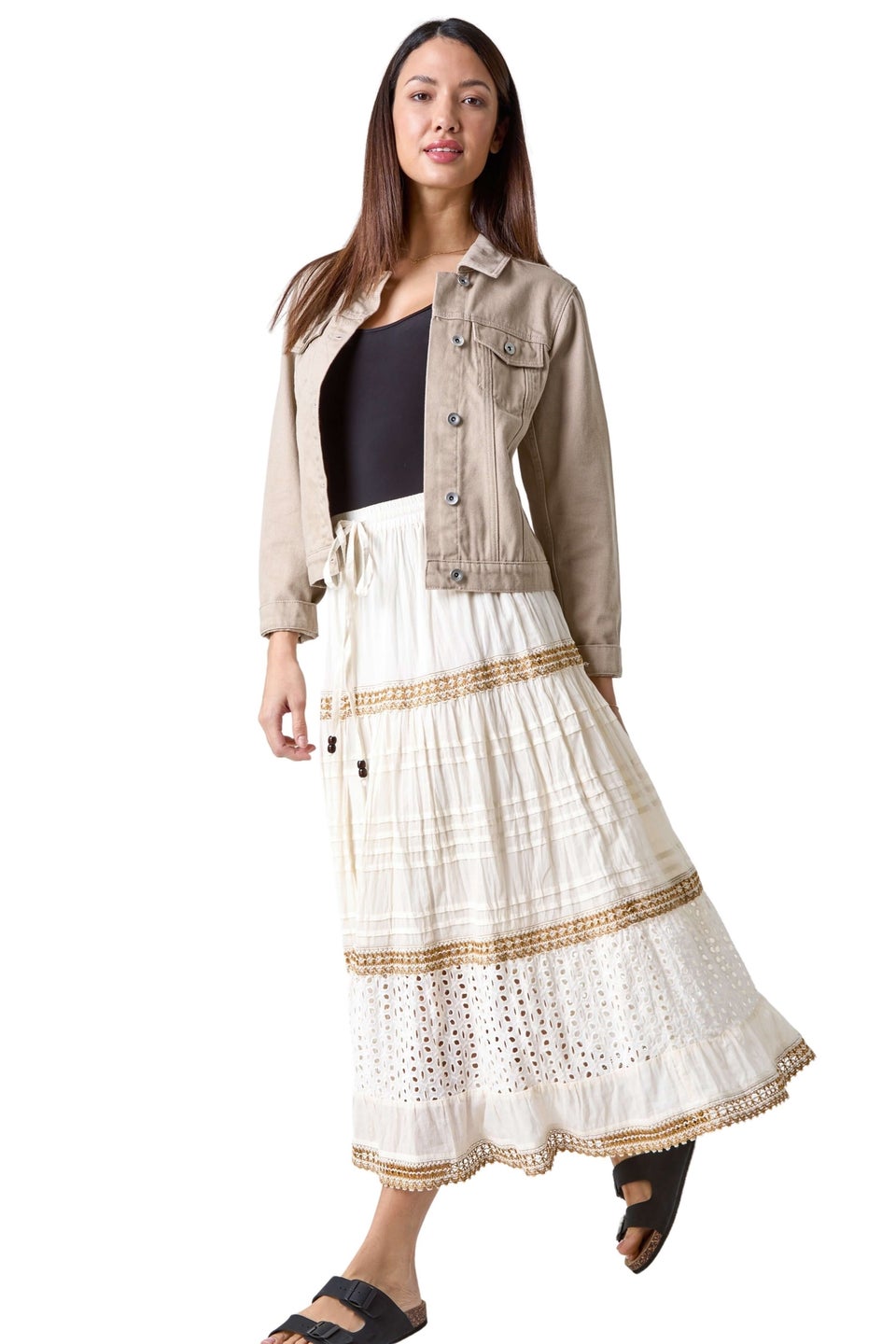 Roman Ivory Broderie Cotton Tiered Maxi Skirt
