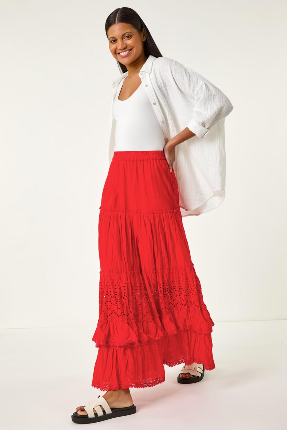 Roman Red Broderie Tiered Maxi Skirt