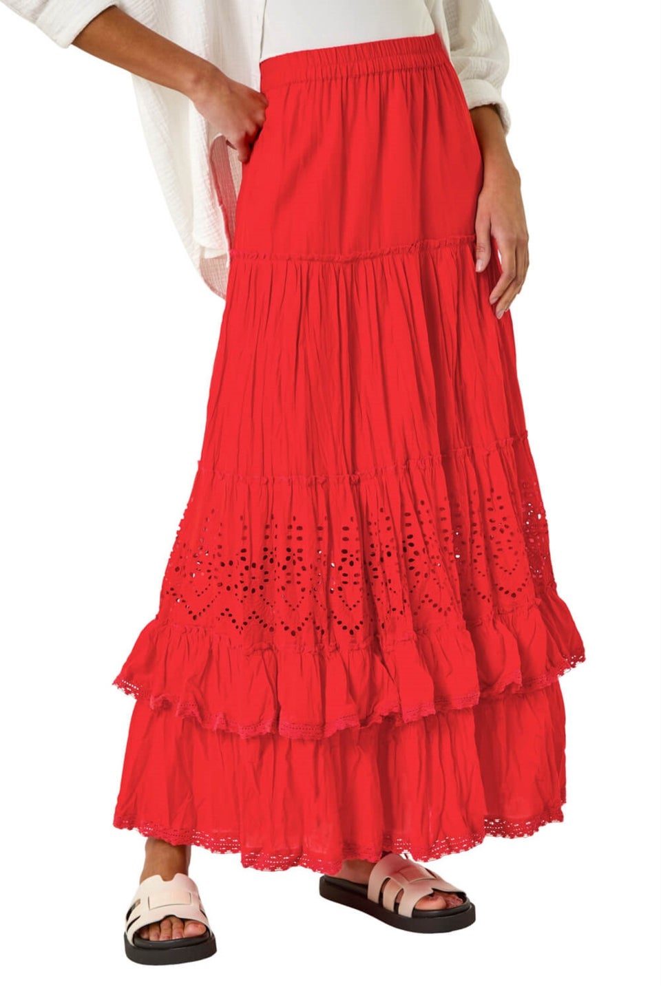 Roman Red Broderie Tiered Maxi Skirt
