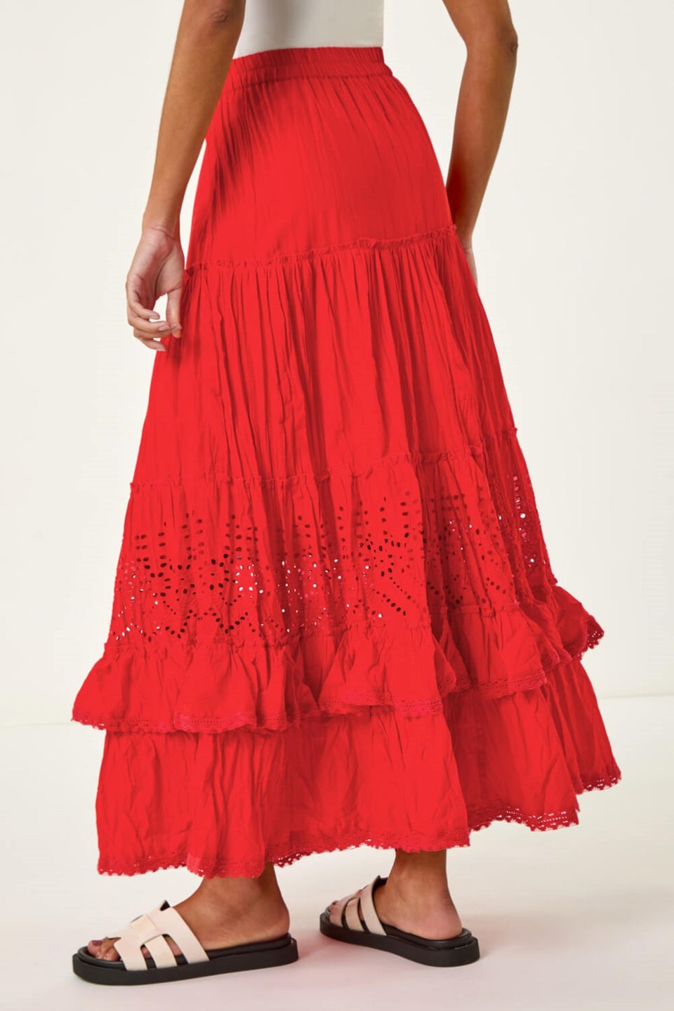 Roman Red Broderie Tiered Maxi Skirt