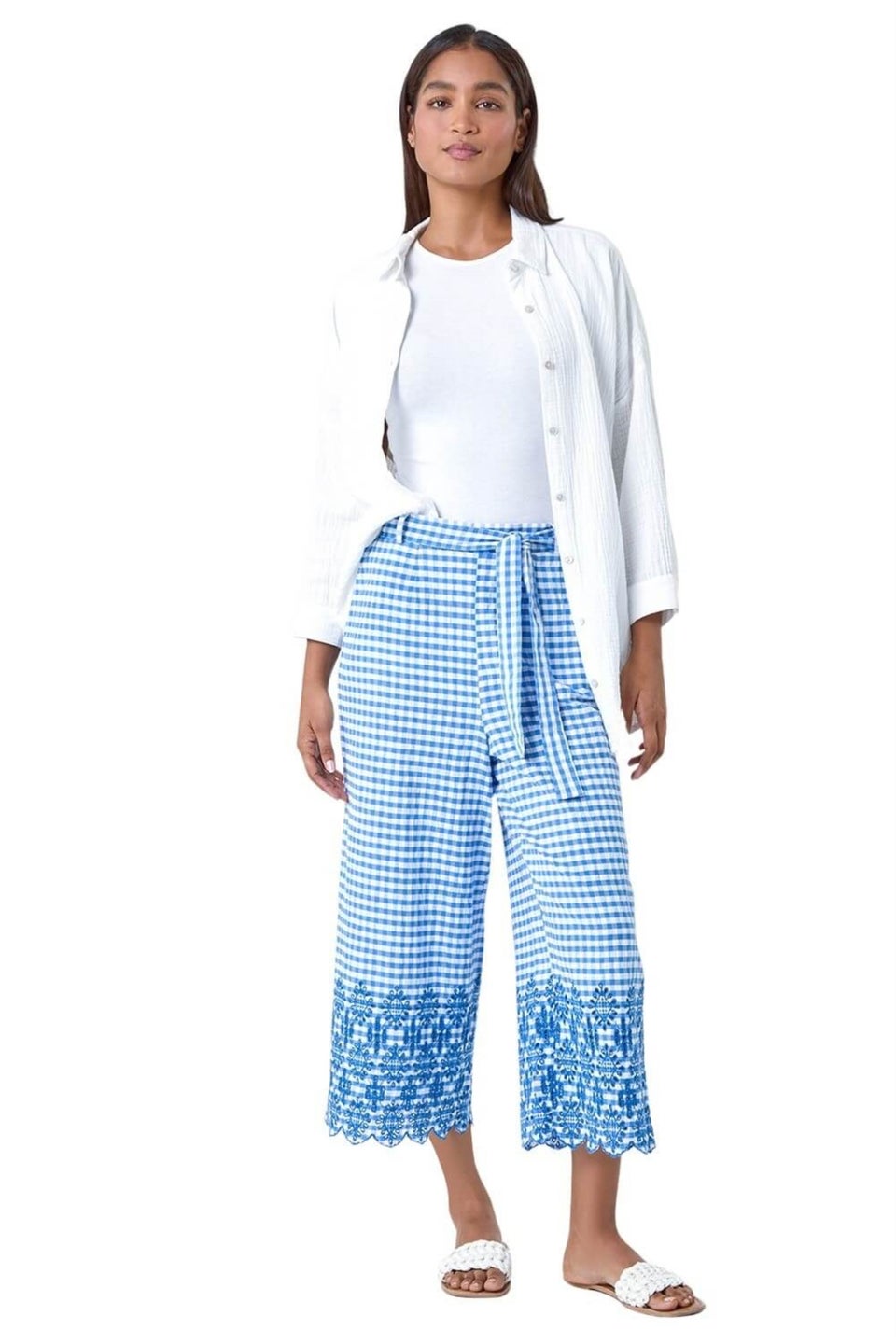 Roman Blue Gingham Cotton Broderie Cropped Trousers