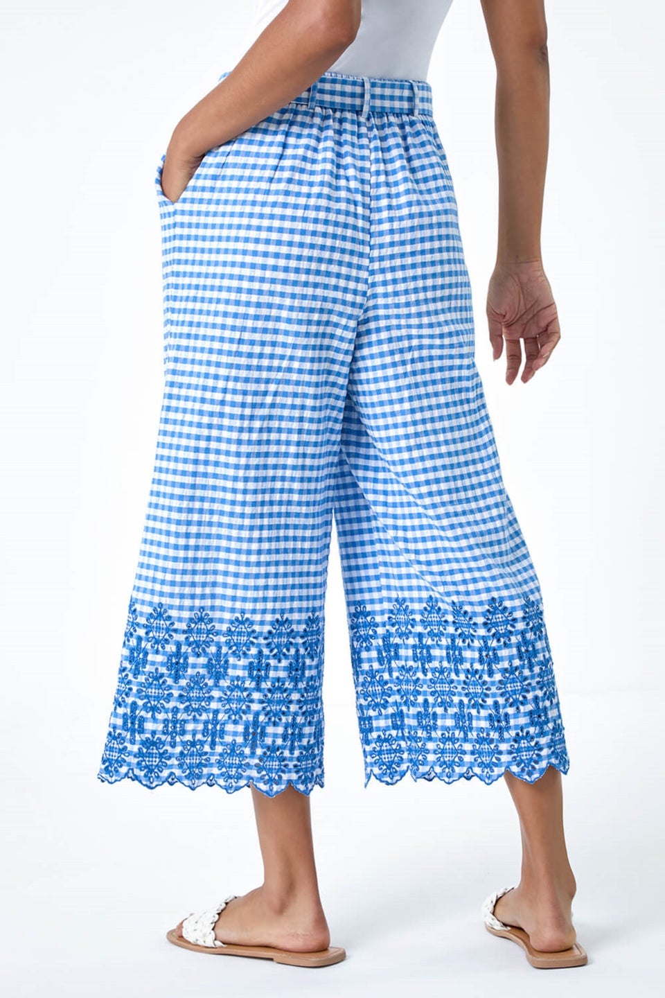 Roman Blue Gingham Cotton Broderie Cropped Trousers