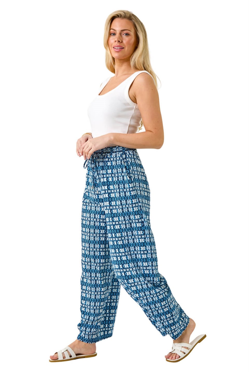 Roman Blue Petite Aztec Wide Leg Trouser