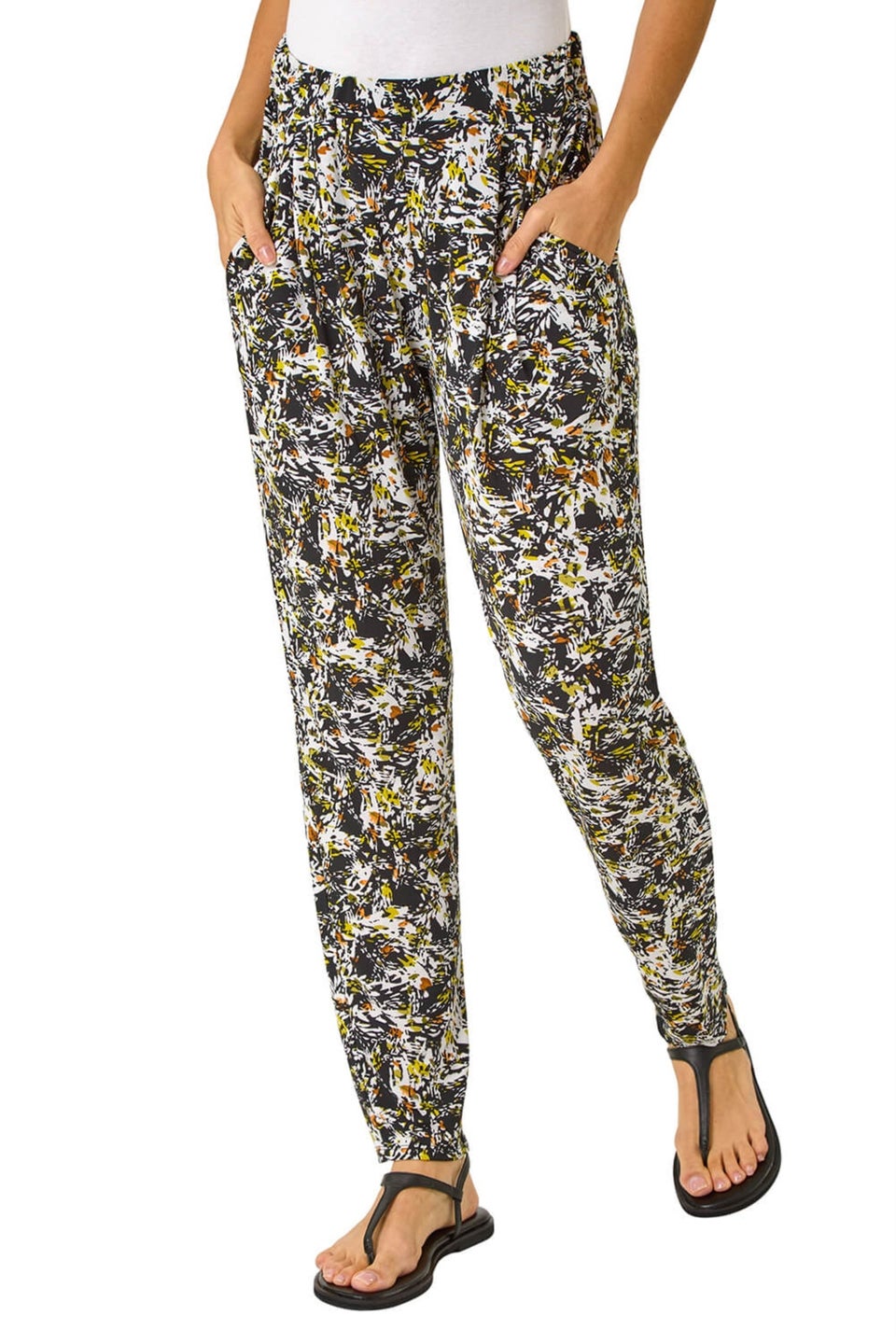 Roman Black Abstract Print Harem Straight Trousers