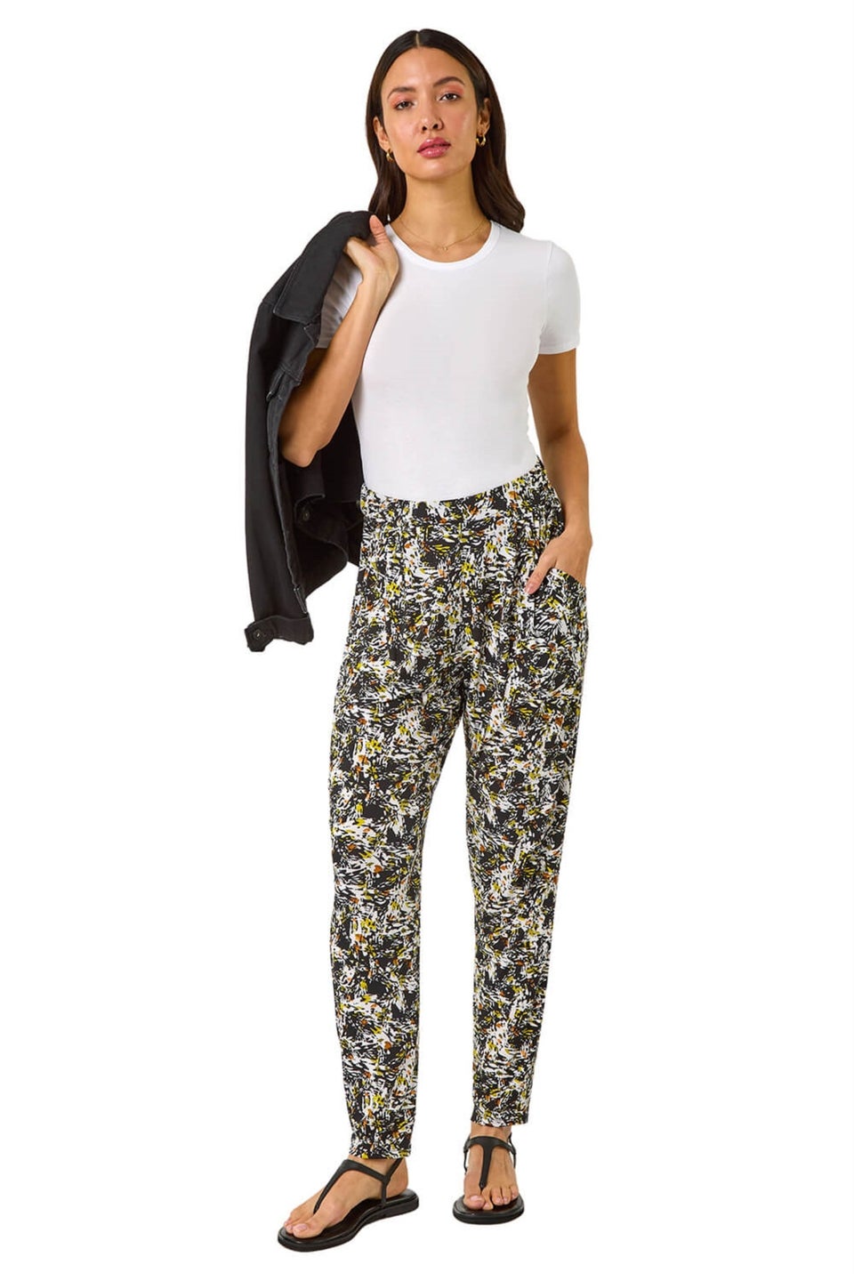 Roman Black Abstract Print Harem Straight Trousers
