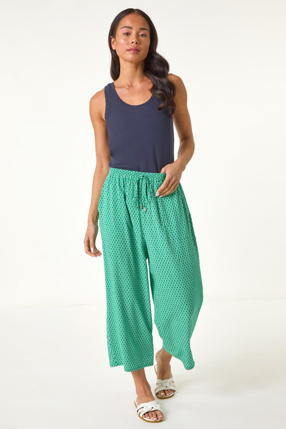 Roman Green Petite Geometric Cropped Trouser