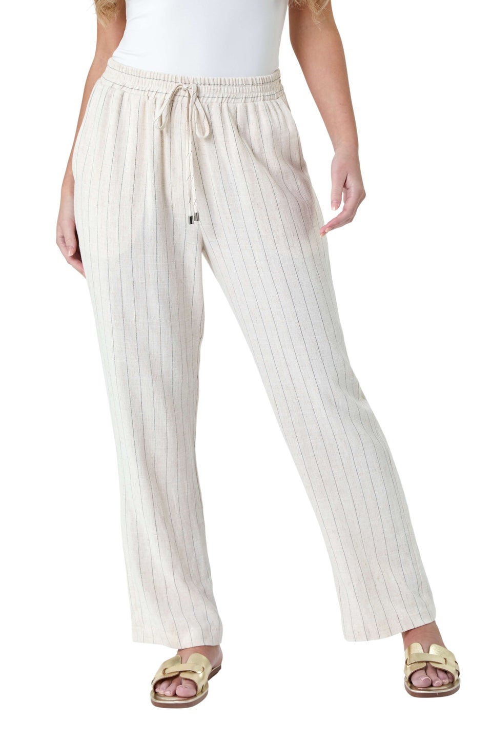 Roman Natural Petite Linen Blend Stripe Trousers
