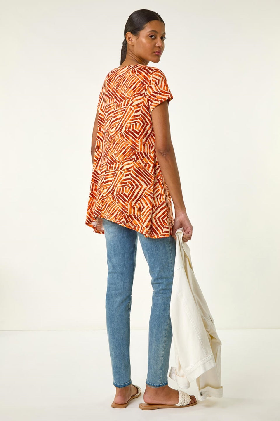 Roman Orange Leaf Print Hanky Hem Tunic Top