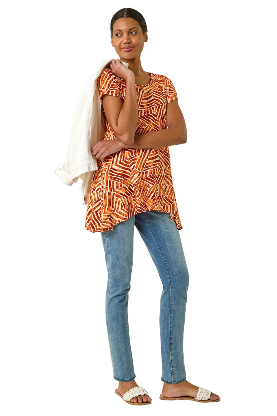 Roman Orange Leaf Print Hanky Hem Tunic Top