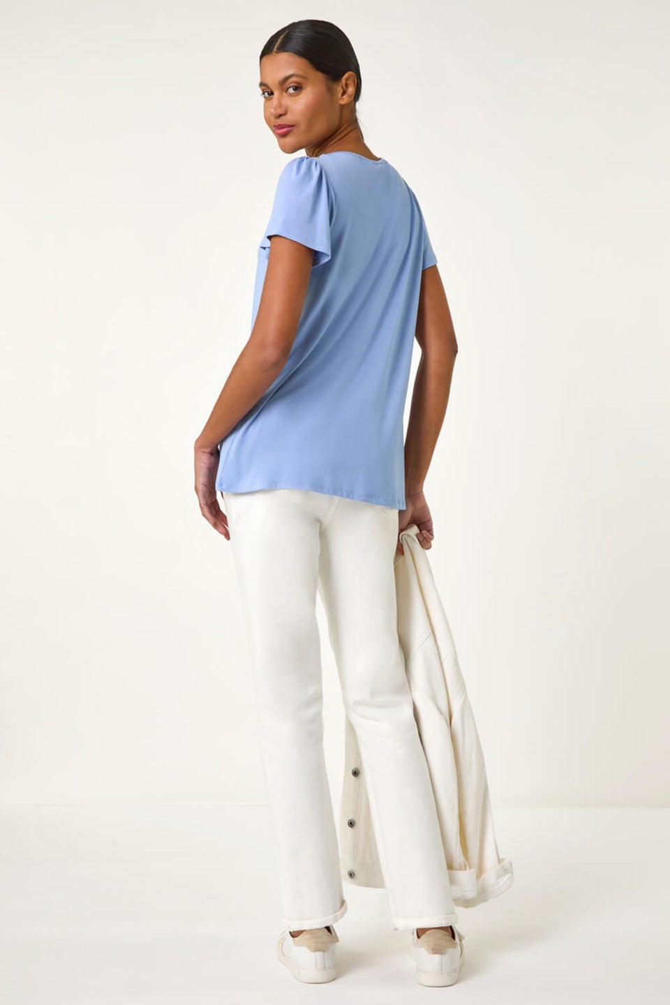 Roman Light Blue Daisy Trim Stretch Top