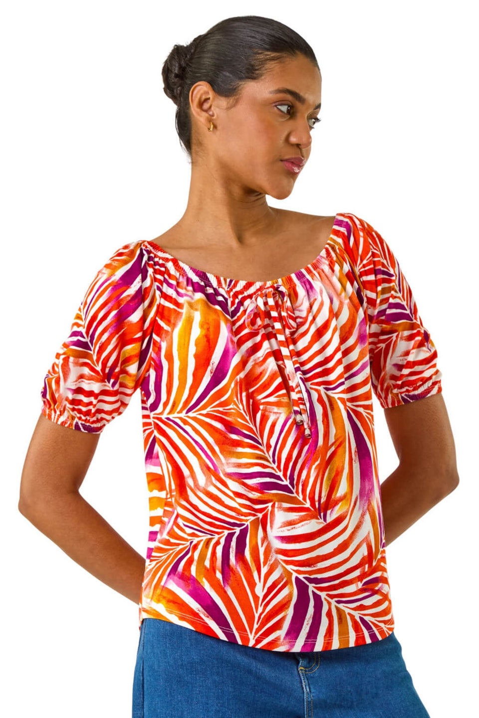Roman Red Floral Print Bardot Stretch Top