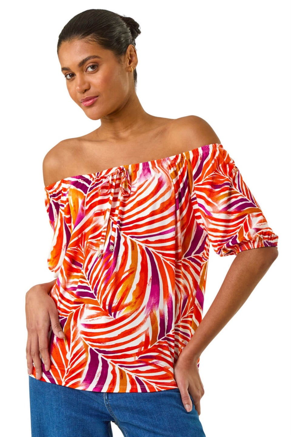 Roman Red Floral Print Bardot Stretch Top