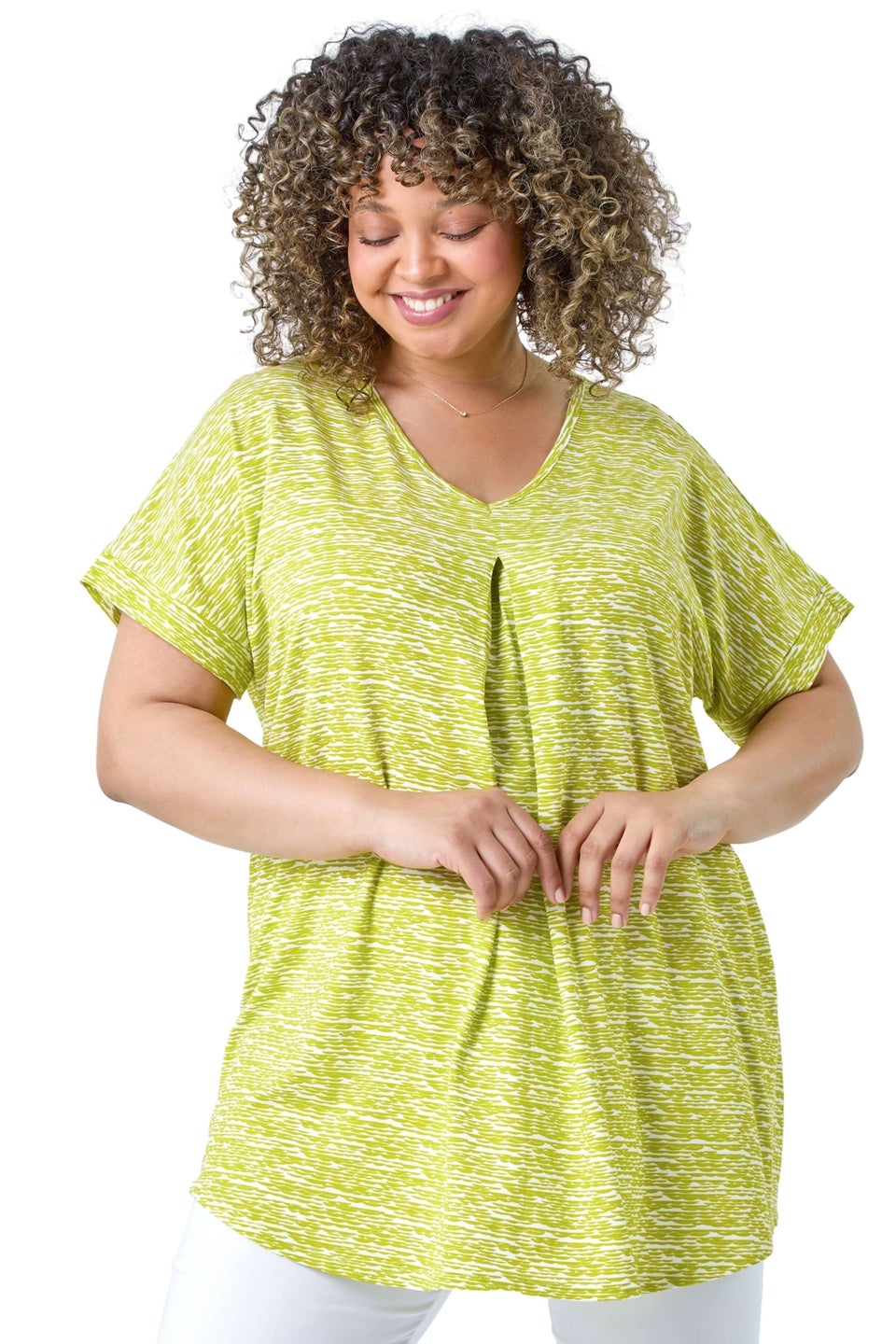 Roman Lime Curve Pleat Front Printed V-Neck Stretch Top