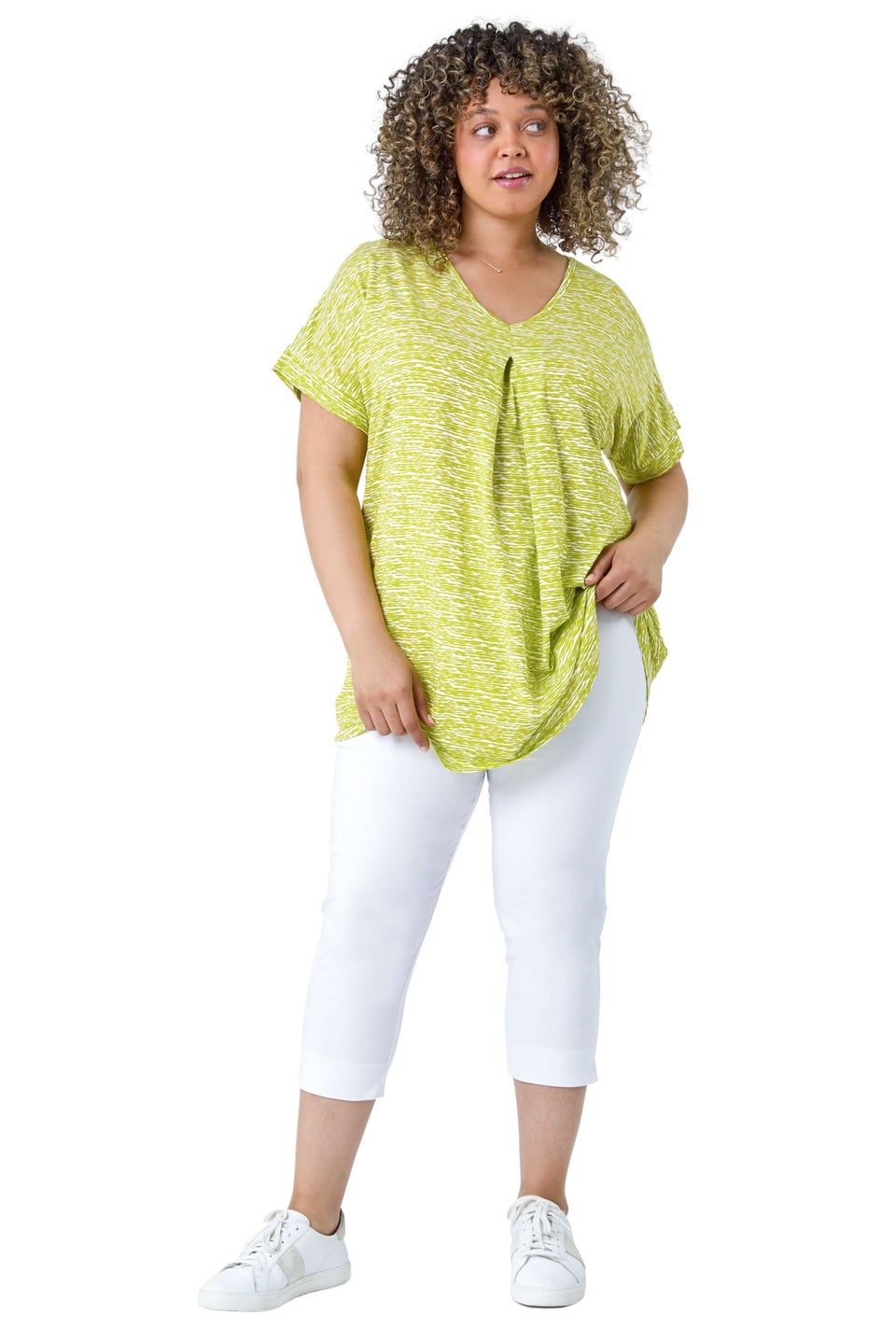 Roman Lime Curve Pleat Front Printed V-Neck Stretch Top