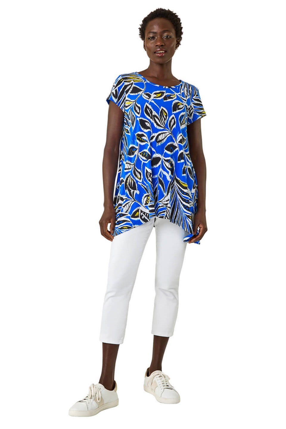 Roman Ink Blue Textured Leaf Print Stretch Tunic Top