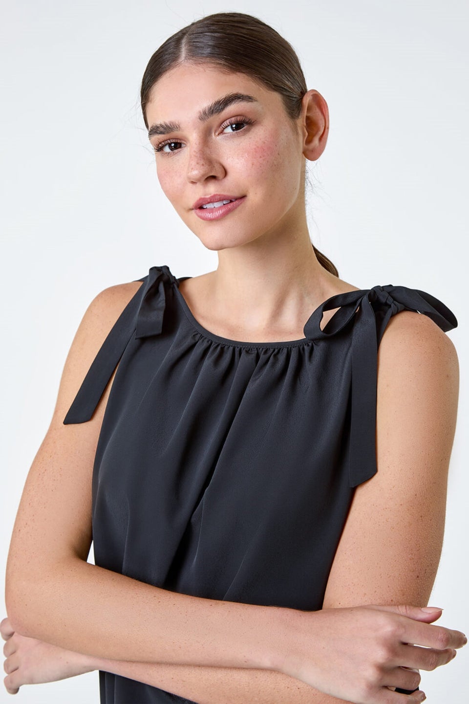 Roman Black Bow Detail Shirred Hem Top