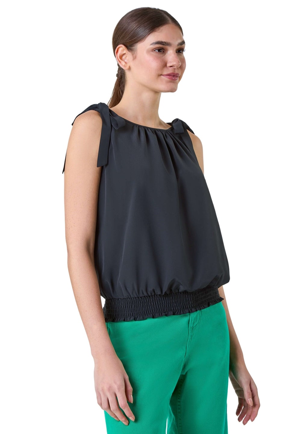 Roman Black Bow Detail Shirred Hem Top
