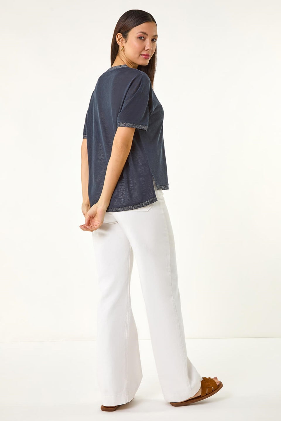 Roman Navy Metallic Trim V-Neck T-Shirt