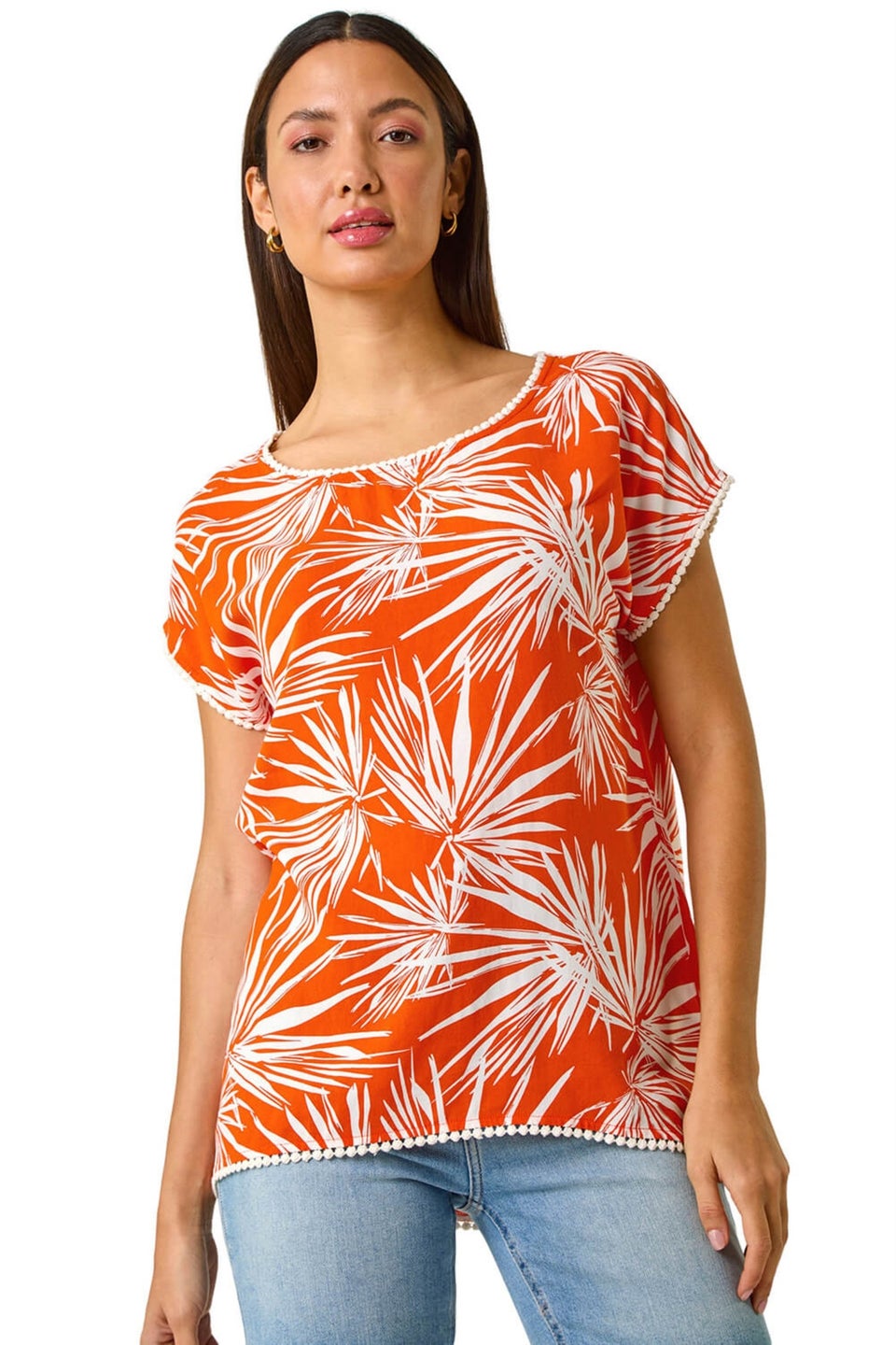 Roman Orange Leaf Print Bobble Trim Top