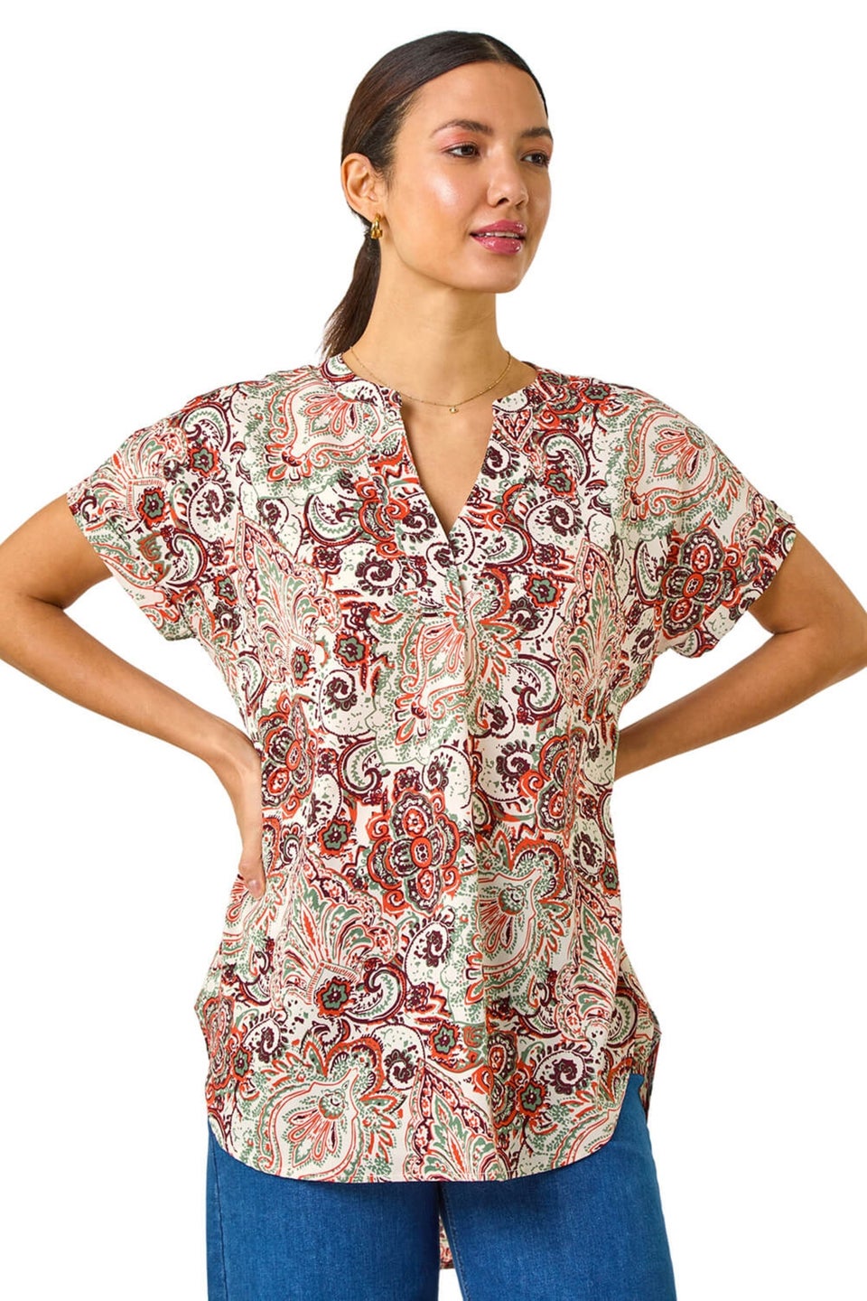 Roman Orange Paisley Print V-Neck Top