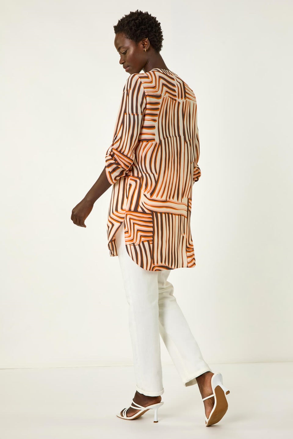 Roman Orange Abstract Linear Print V-Neck Button Top